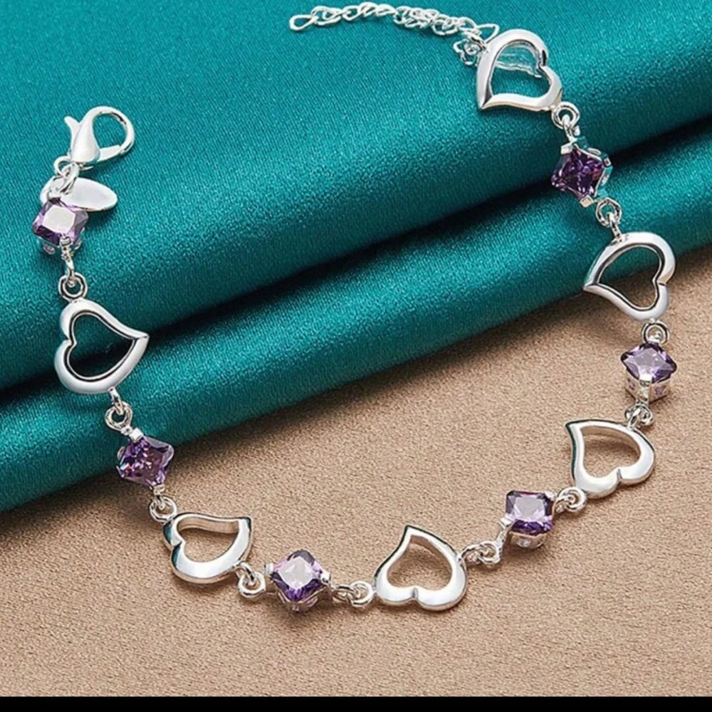 NEW 925 Sterling Silver Heart Purple Bracelet - Picture 1 of 8